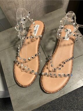 Steve Madden Clear Studded Gladiator Sandals - Tan Footbed with Silver Accents